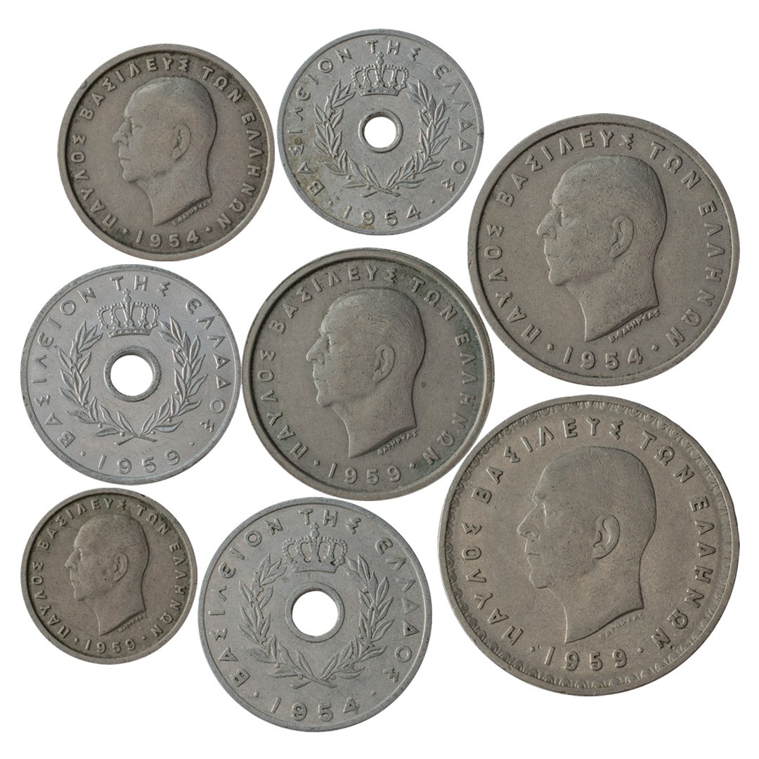 Всего восемь монет по 5. Монеты в Греции 1954. Монета 1954 драхма. 8 Монет. Монета 8 дукатов.