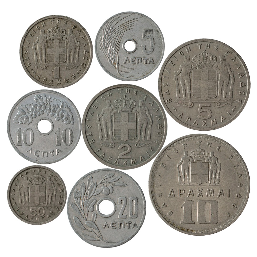 Монета 1954 года цена. 8 Монет. Монеты в Греции 1954. Монеты Греции 1954 2 драхма. Монеты 1954 года.