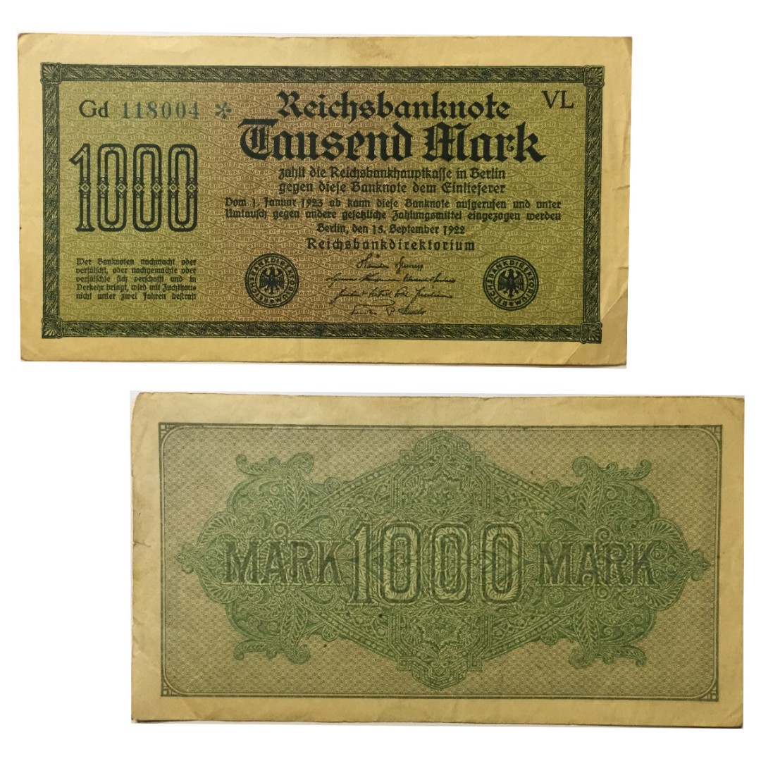 1000 марок 1922 года - Зеленый номер две буквы звезда в конце номера - Gd  118004* - Веймарская Республика - VF | OptMonet.pro